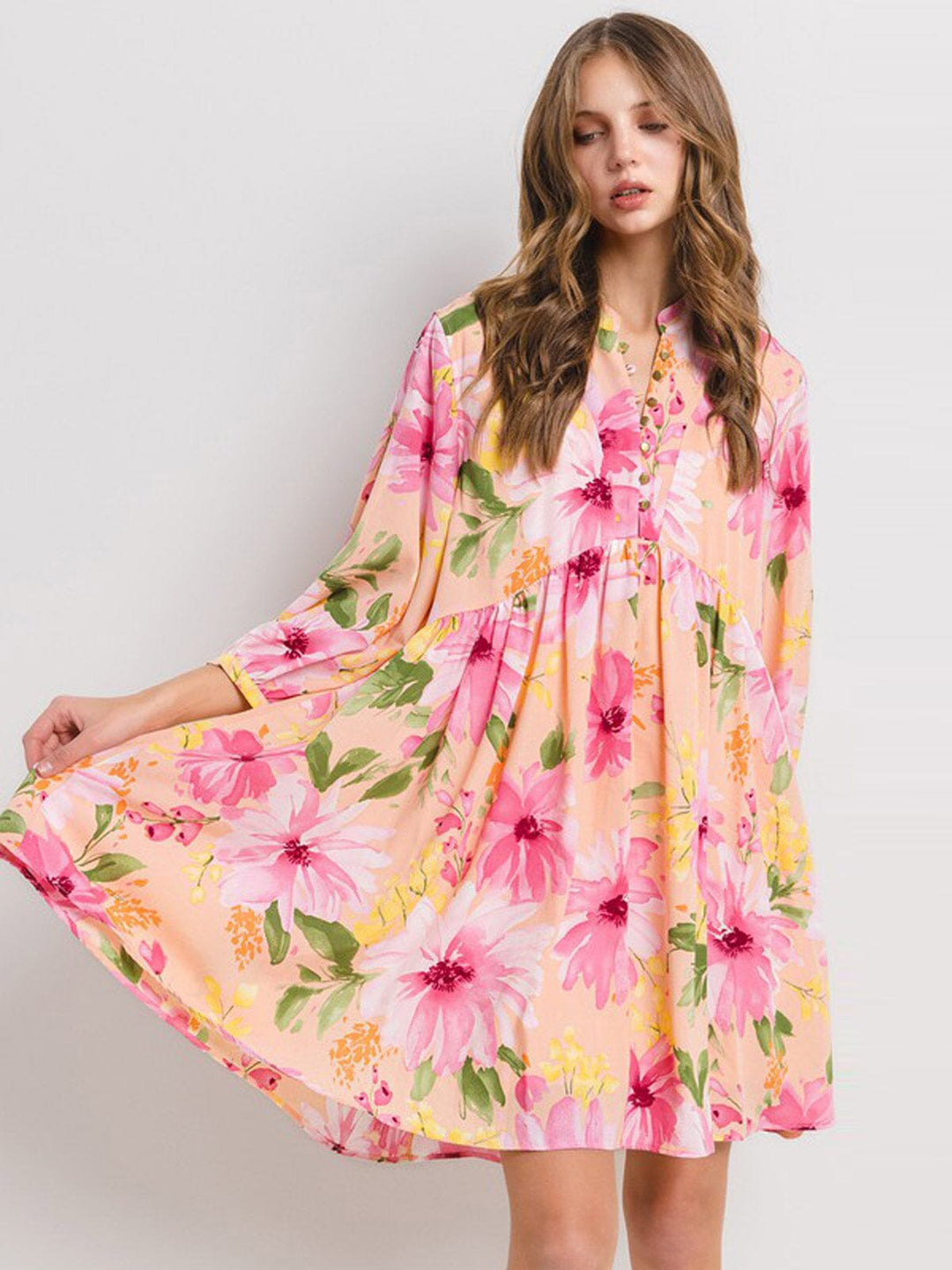 WOMEN'S 3/4 SLEEVE BUTTON UP FLORAL TUNIC MINI DRESS