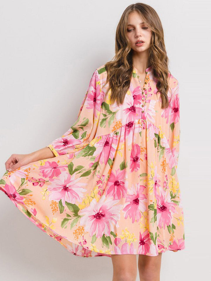 WOMEN'S 3/4 SLEEVE BUTTON UP FLORAL TUNIC MINI DRESS