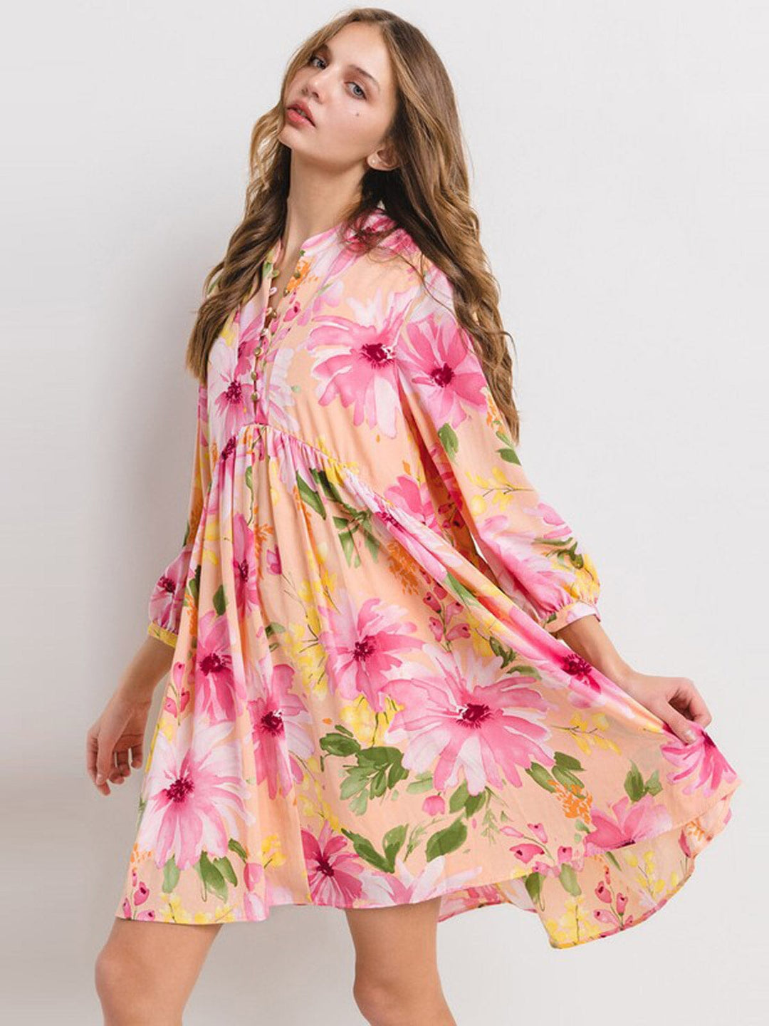 WOMEN'S 3/4 SLEEVE BUTTON UP FLORAL TUNIC MINI DRESS