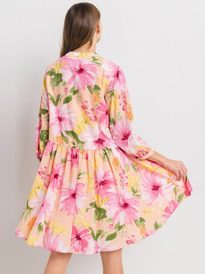 WOMEN'S 3/4 SLEEVE BUTTON UP FLORAL TUNIC MINI DRESS