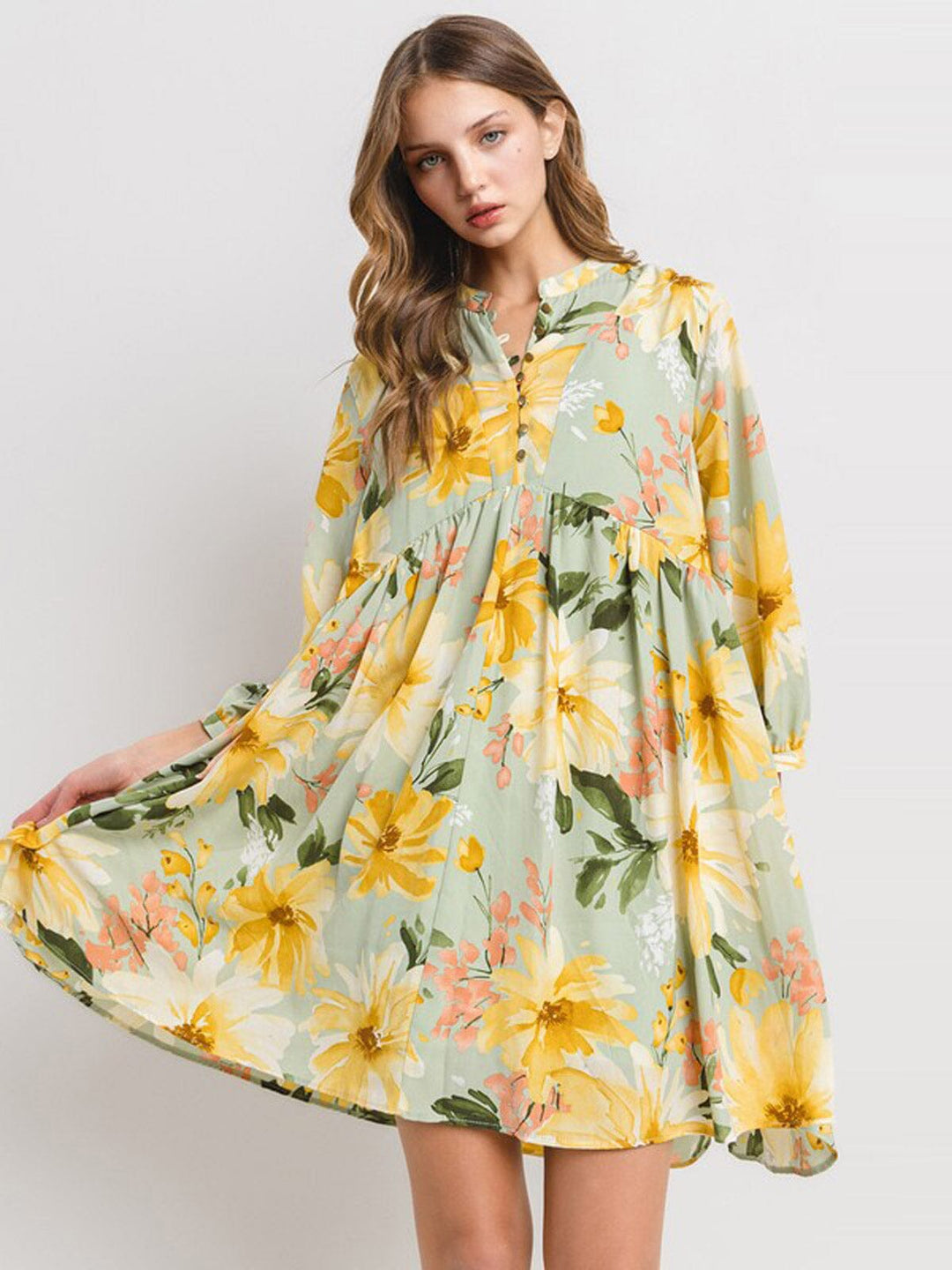 WOMEN'S 3/4 SLEEVE BUTTON UP FLORAL TUNIC MINI DRESS