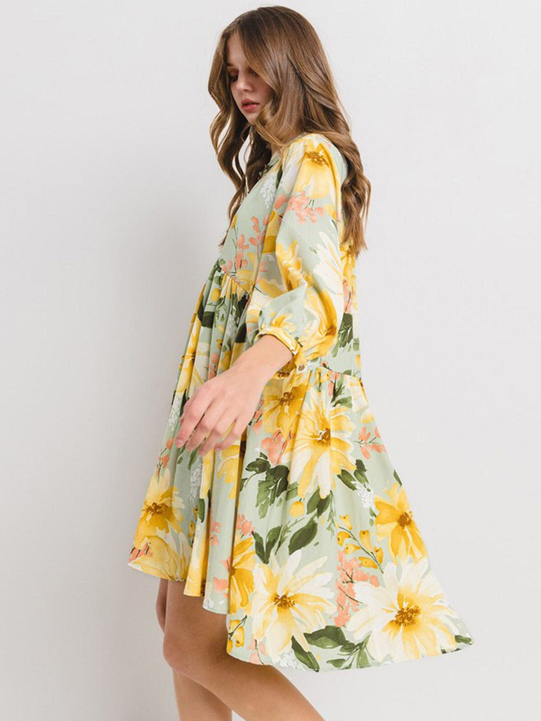 WOMEN'S 3/4 SLEEVE BUTTON UP FLORAL TUNIC MINI DRESS