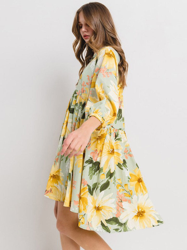 WOMEN'S 3/4 SLEEVE BUTTON UP FLORAL TUNIC MINI DRESS