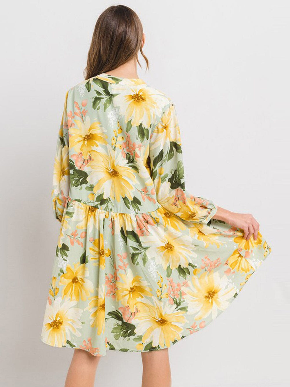 WOMEN'S 3/4 SLEEVE BUTTON UP FLORAL TUNIC MINI DRESS