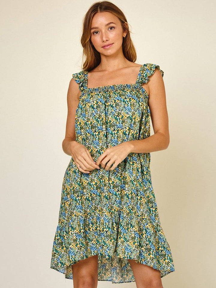 WOMEN'S SLEEVELESS RUFFLE SMOCK FLORAL MINI DRESS