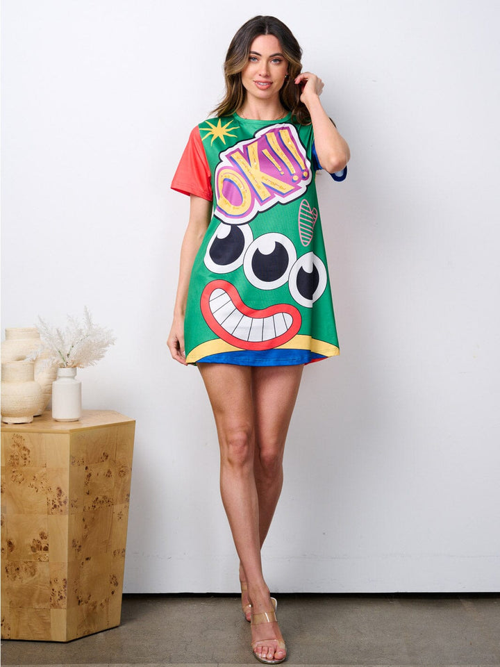 WOMEN'S SHORT SLEEVE TUNIC GRAPHIC MULTI MINI DRESS