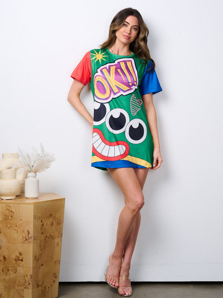 WOMEN'S SHORT SLEEVE TUNIC GRAPHIC MULTI MINI DRESS