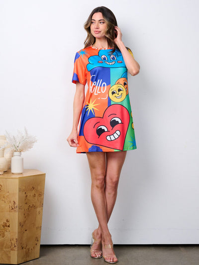 WOMEN'S SHORT SLEEVE TUNIC MULTI COLOR GRAPHIC MINI DRESS