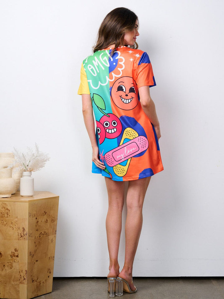 WOMEN'S SHORT SLEEVE TUNIC MULTI COLOR GRAPHIC MINI DRESS