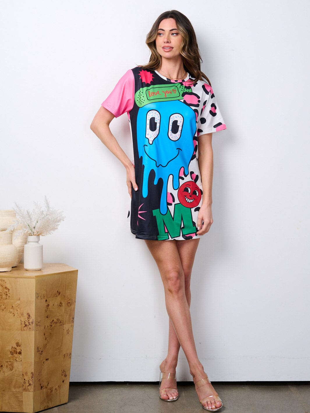 WOMEN'S SHORT SLEEVE GRAPHIC TUNIC MULTI PRINT MINI DRESS