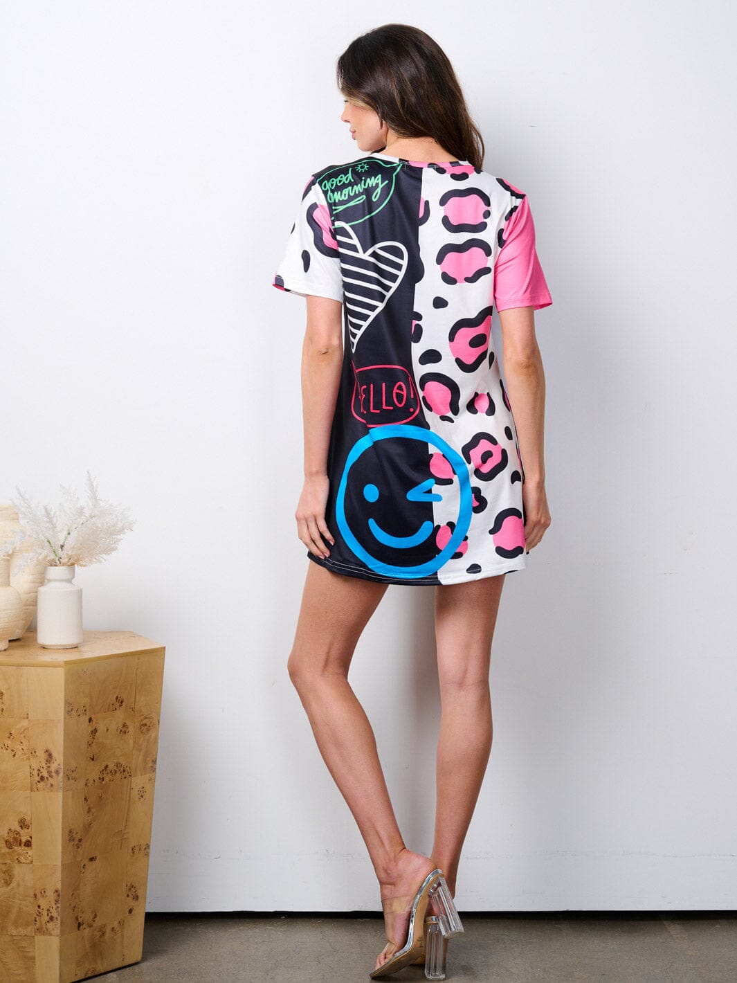 WOMEN'S SHORT SLEEVE GRAPHIC TUNIC MULTI PRINT MINI DRESS