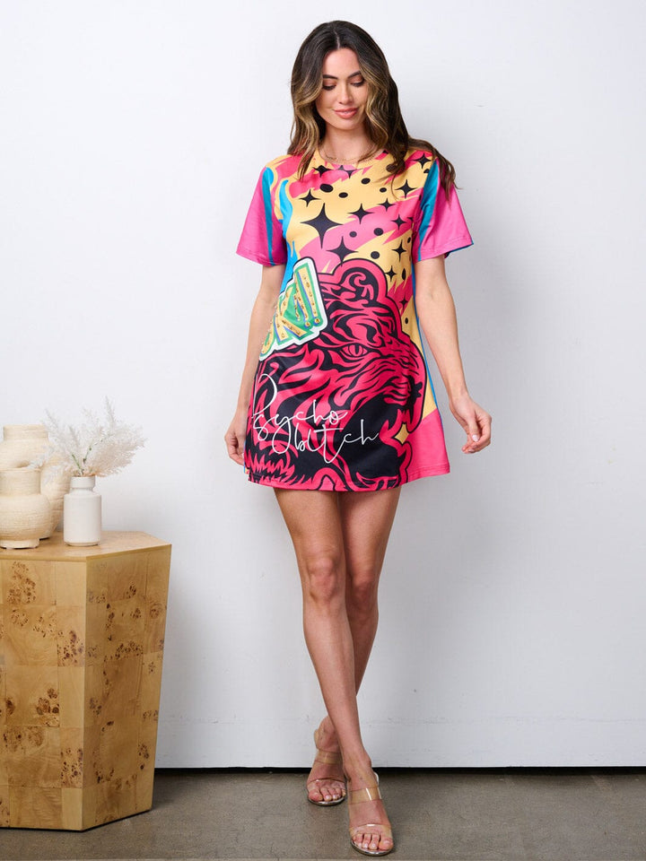 WOMEN'S SHORT SLEEVE GRAPHIC TUNIC MULTI PRINT MINI DRESS
