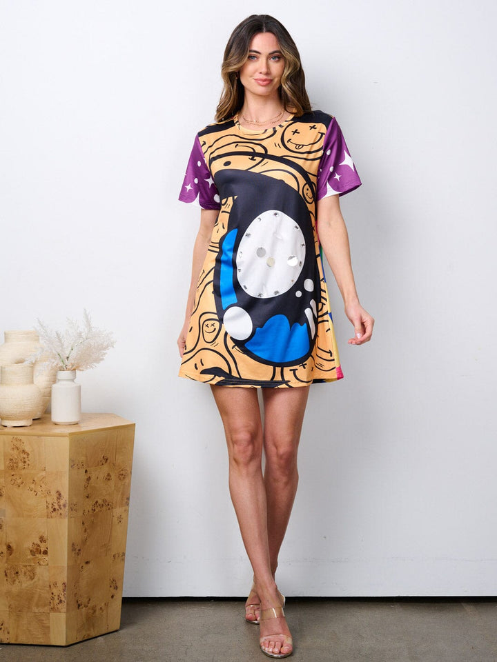 WOMEN'S SHORT SLEEVE TUNIC GRAPHIC MULTI PRINT MINI DRESS