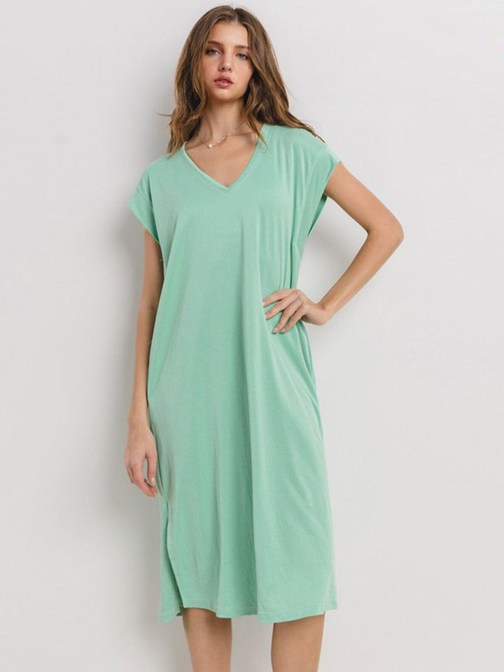 WOMEN'S SHORT SLEEVE V-NECK FRONT POCKETS SLIT MIDI DRESS