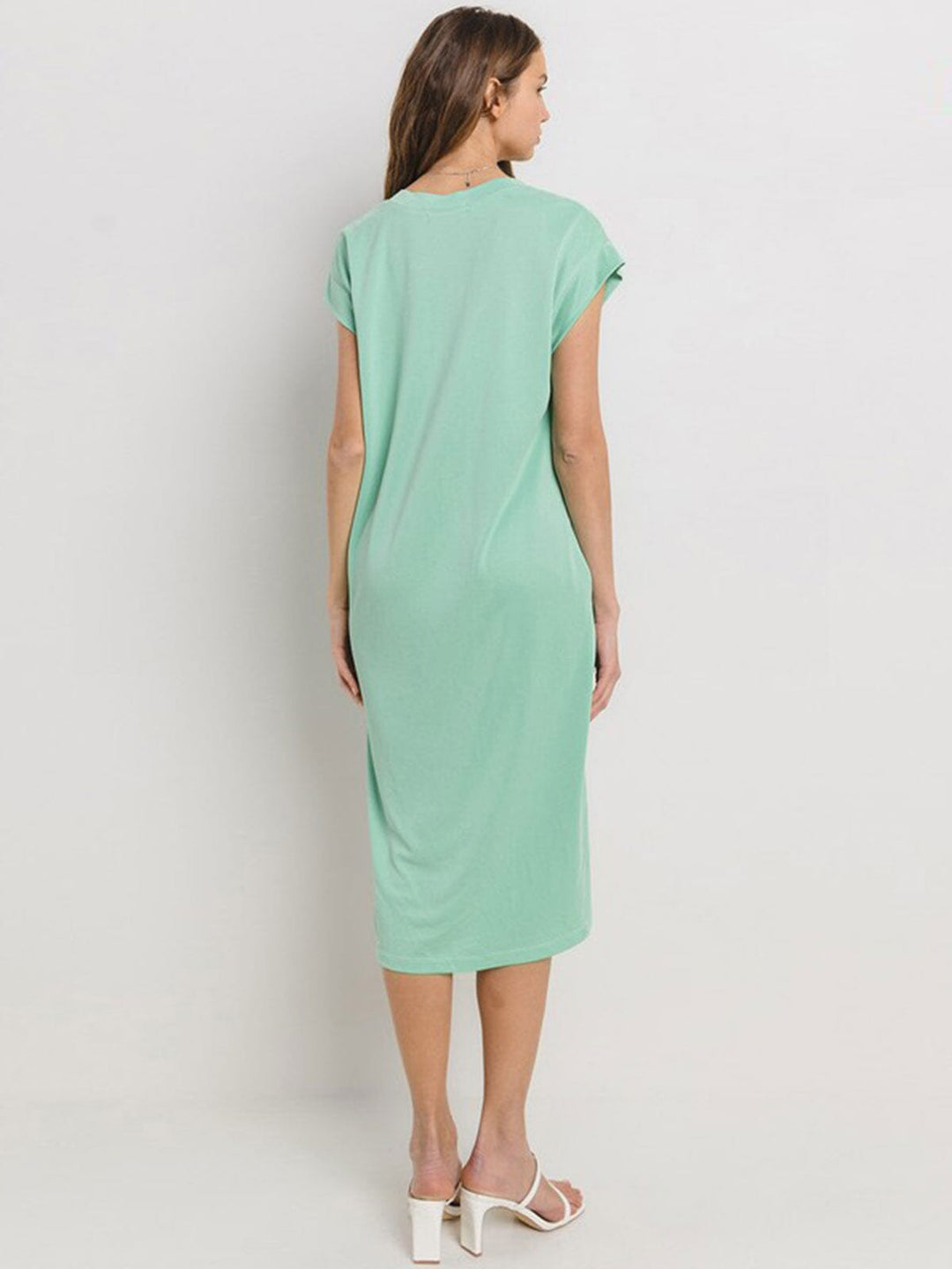 WOMEN'S SHORT SLEEVE V-NECK FRONT POCKETS SLIT MIDI DRESS