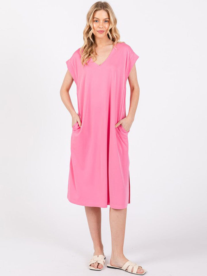 WOMEN'S SHORT SLEEVE V-NECK FRONT POCKETS SLIT MIDI DRESS