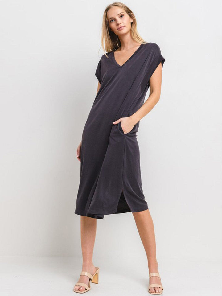 WOMEN'S SHORT SLEEVE V-NECK FRONT POCKETS SLIT MIDI DRESS