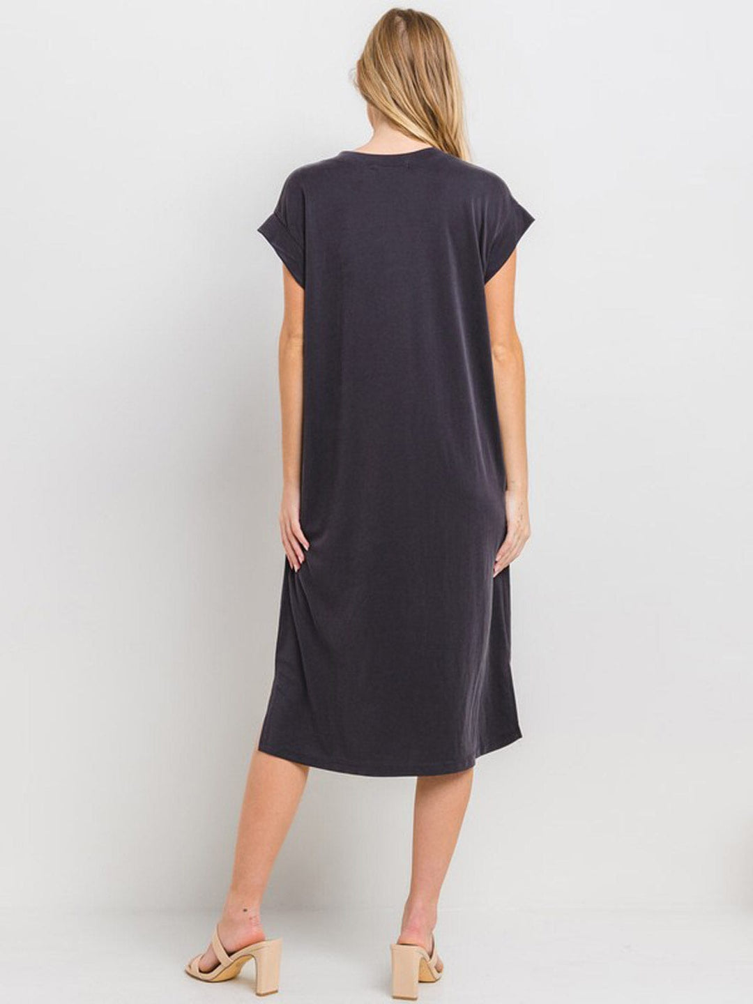 WOMEN'S SHORT SLEEVE V-NECK FRONT POCKETS SLIT MIDI DRESS