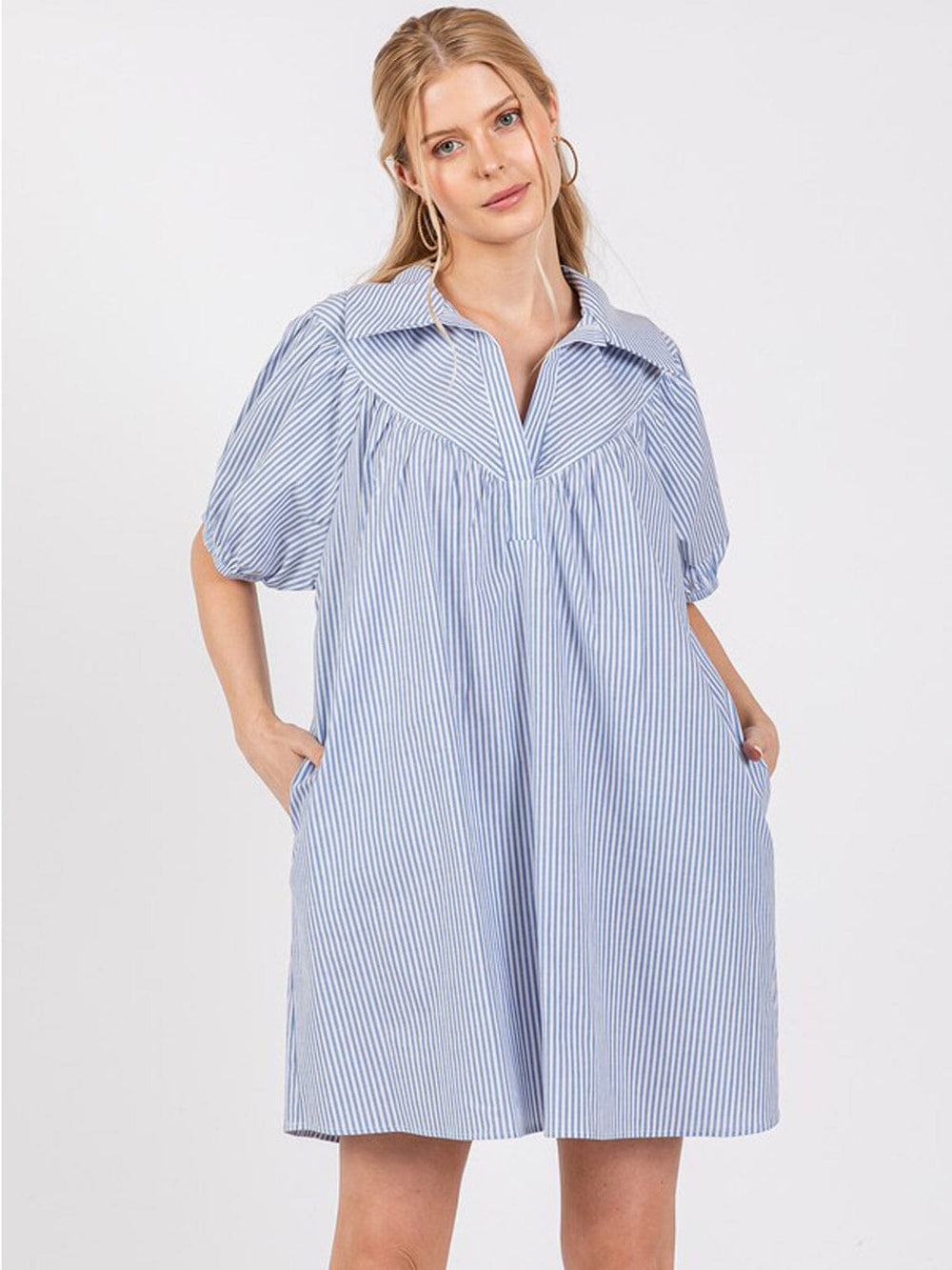 WOMEN'S SHORT SLEEVE V-NECK FRONT POCKETS STRIPES TUNIC MINI DRESS