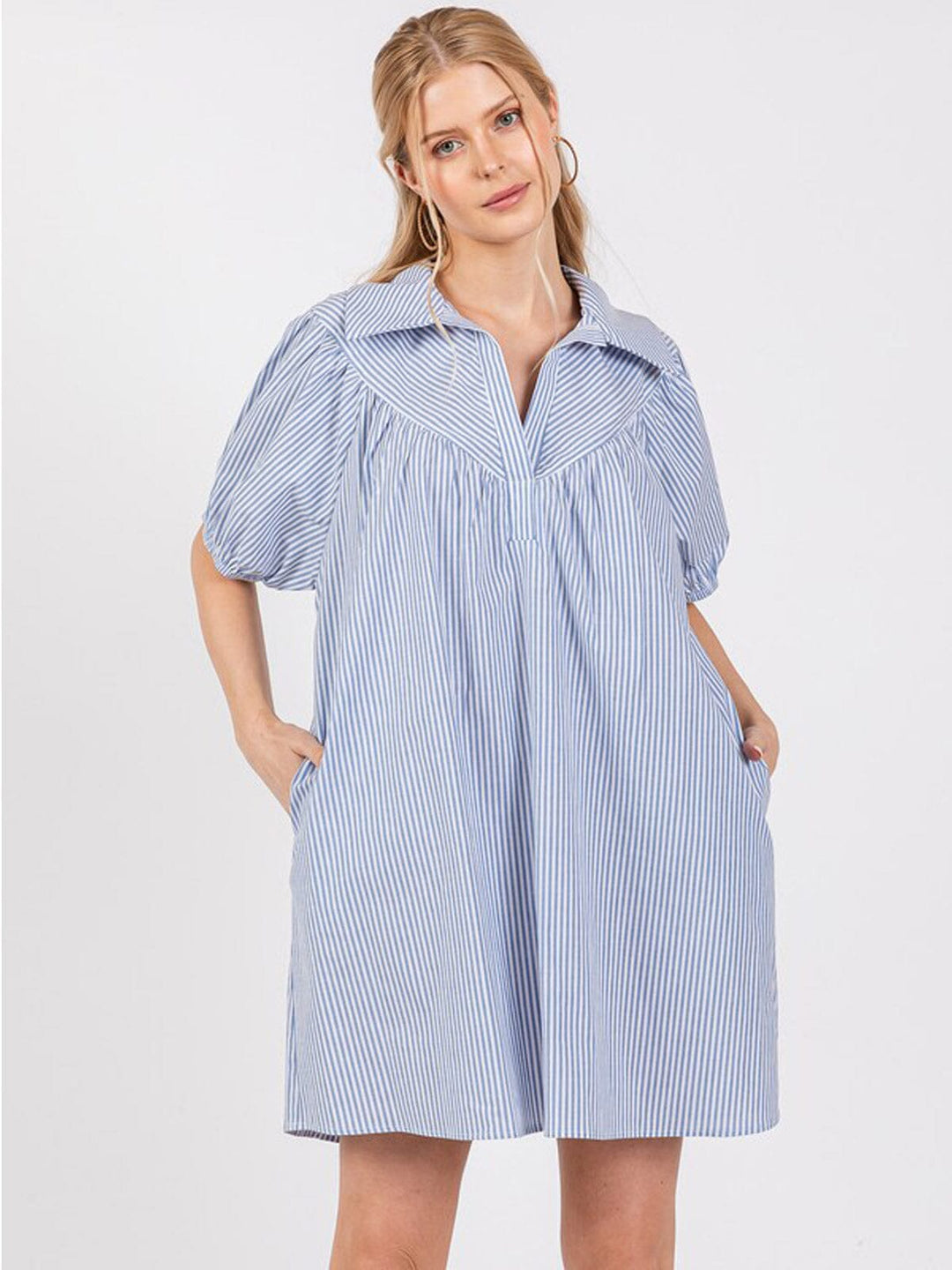 WOMEN'S SHORT SLEEVE V-NECK FRONT POCKETS STRIPES TUNIC MINI DRESS