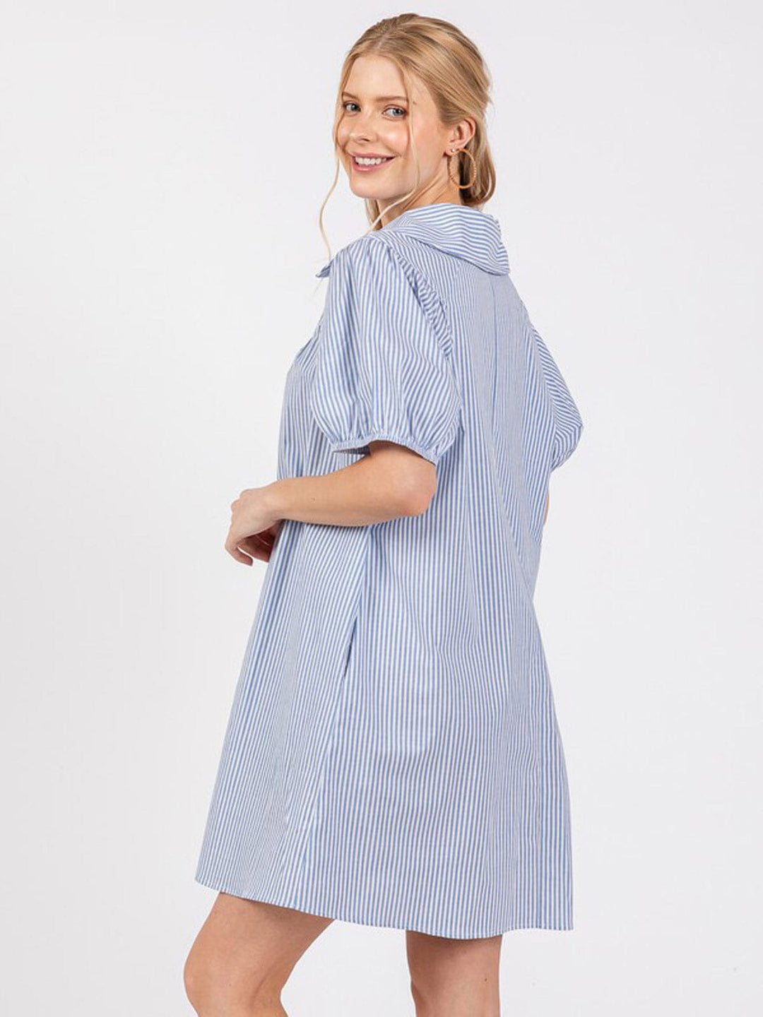 WOMEN'S SHORT SLEEVE V-NECK FRONT POCKETS STRIPES TUNIC MINI DRESS