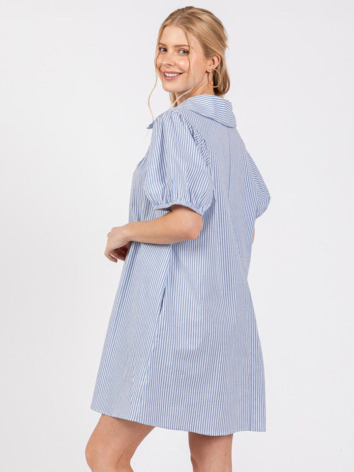 WOMEN'S SHORT SLEEVE V-NECK FRONT POCKETS STRIPES TUNIC MINI DRESS