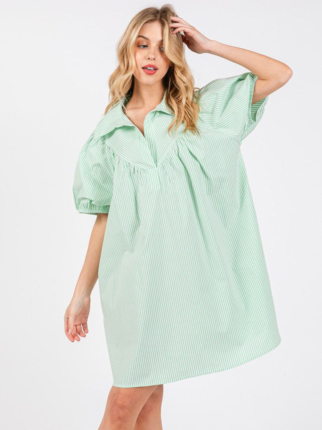 WOMEN'S SHORT SLEEVE V-NECK FRONT POCKETS STRIPES TUNIC MINI DRESS