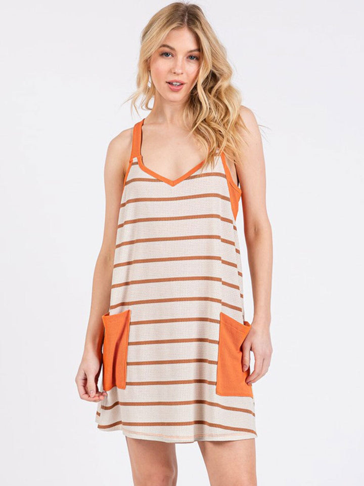 WOMEN'S SLEEVELESS V-NECK FRONT POCKET STRIPES COLORBLOCK ROMPER MINI DRESS