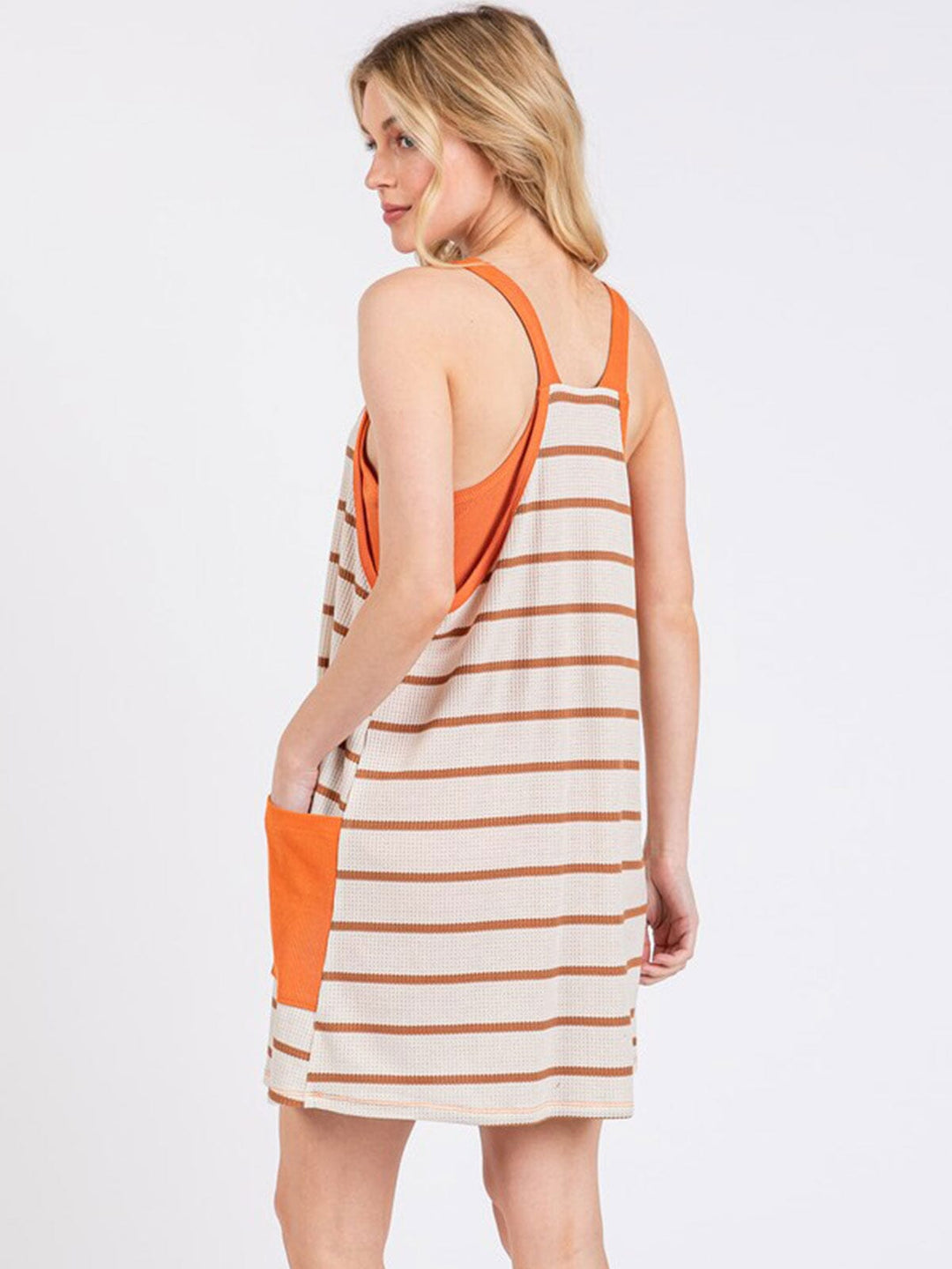 WOMEN'S SLEEVELESS V-NECK FRONT POCKET STRIPES COLORBLOCK ROMPER MINI DRESS