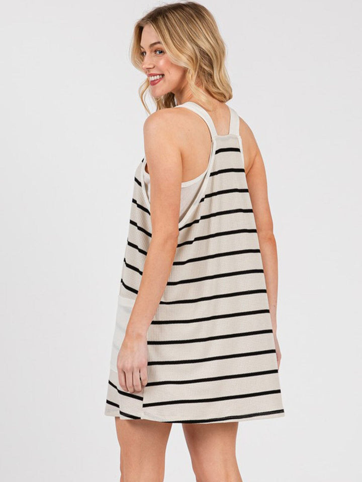 WOMEN'S SLEEVELESS V-NECK FRONT POCKET STRIPES COLORBLOCK ROMPER MINI DRESS