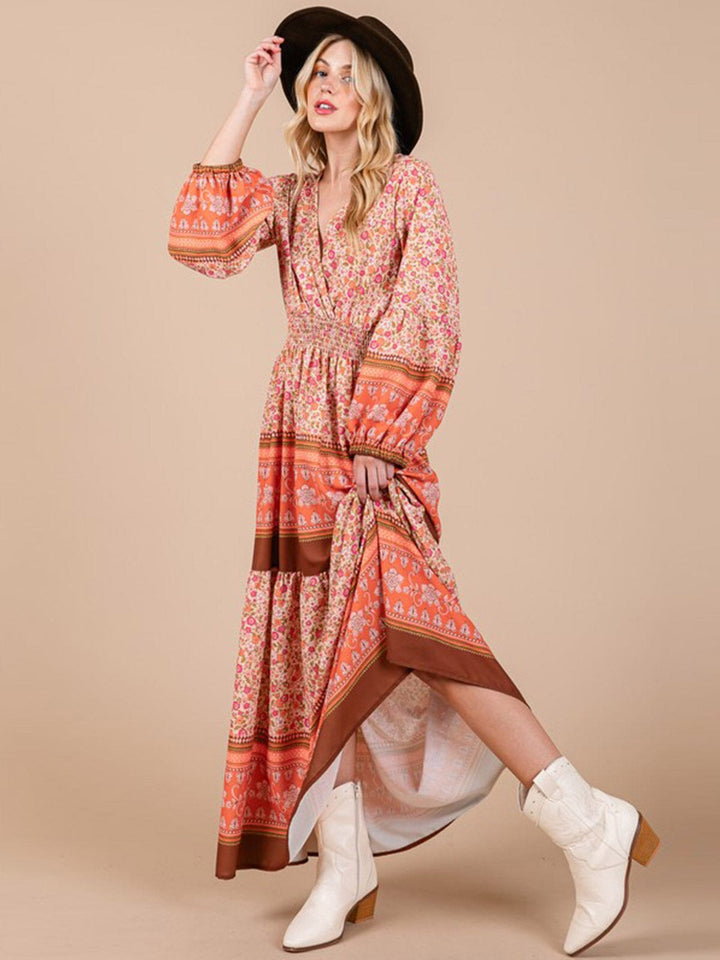 WOMEN'S LONG SLEEVE SURPLICE ELASTIC WAIST FLORAL PRINT MAXI DRESS