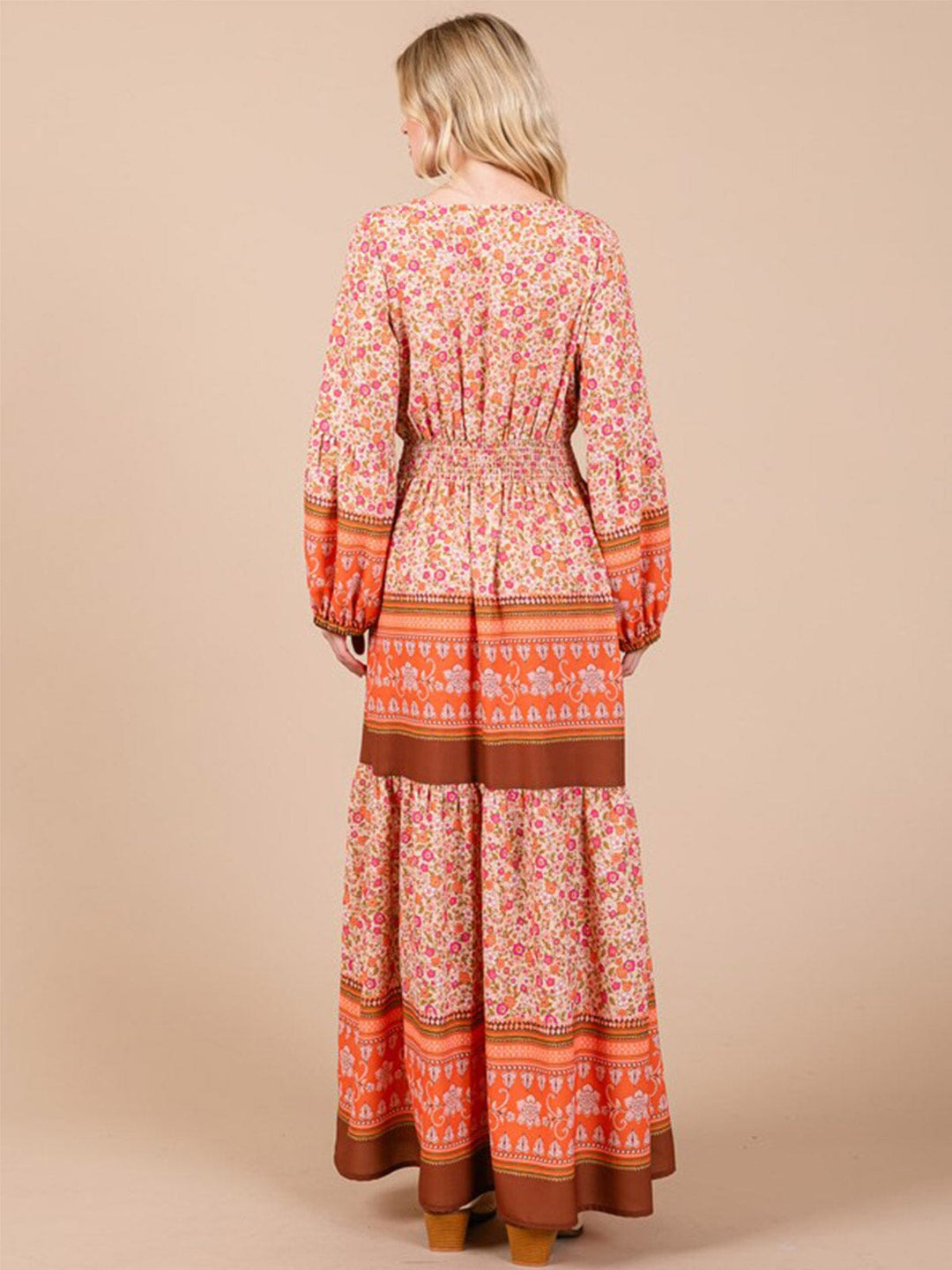 WOMEN'S LONG SLEEVE SURPLICE ELASTIC WAIST FLORAL PRINT MAXI DRESS