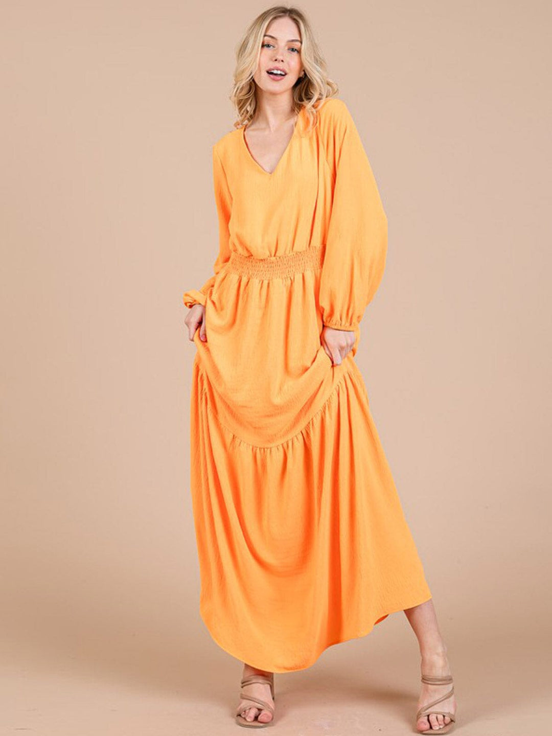 WOMEN'S LONG SLEEVE V-NECK SMOCK WAIST TIERED MAXI DRESS
