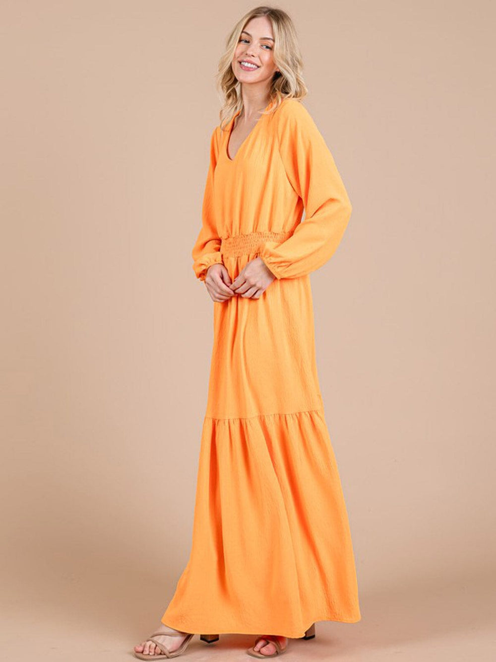 WOMEN'S LONG SLEEVE V-NECK SMOCK WAIST TIERED MAXI DRESS