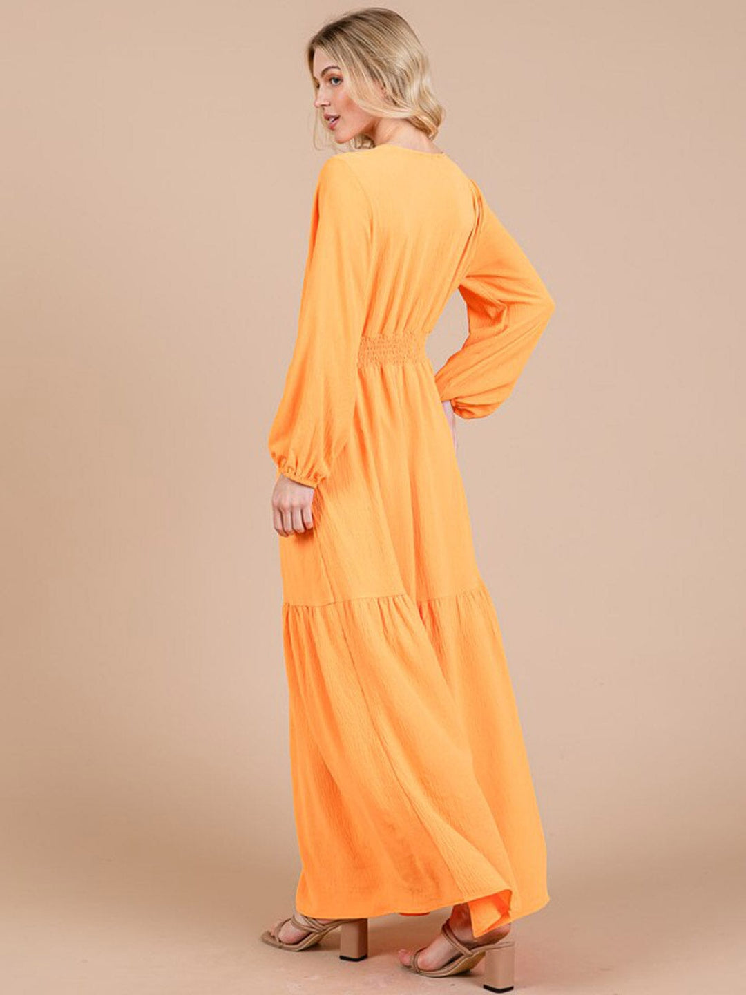 WOMEN'S LONG SLEEVE V-NECK SMOCK WAIST TIERED MAXI DRESS