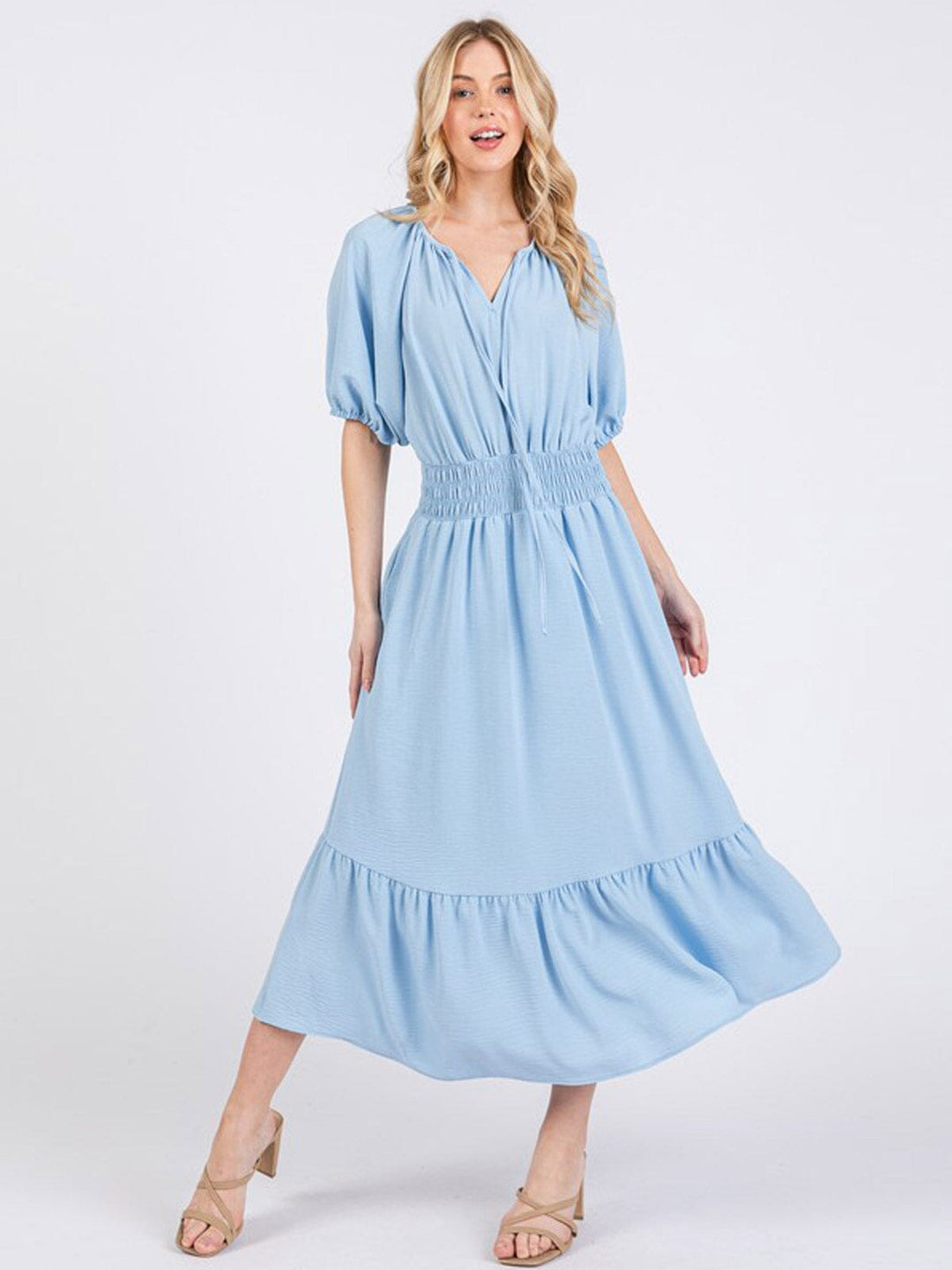 WOMEN'S SHORT SLEEVE V-NECK FRONT POCKETS SMOCK WAIST MAXI DRESS