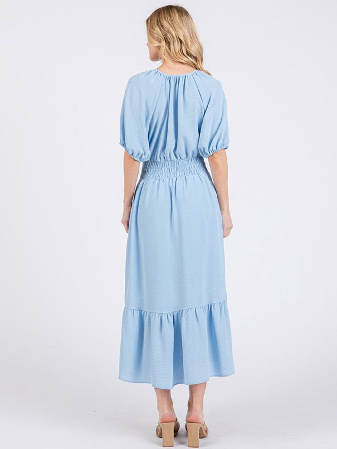 WOMEN'S SHORT SLEEVE V-NECK FRONT POCKETS SMOCK WAIST MAXI DRESS