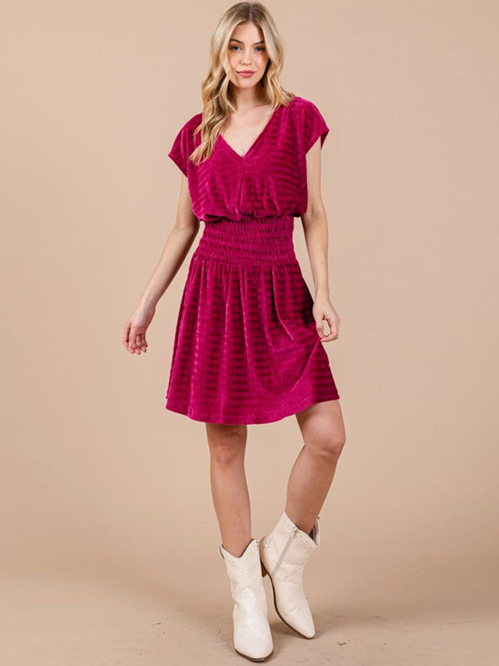 WOMEN'S SHORT SLEEVE V-NECK SMOCK WAIST VELVET MINI DRESS