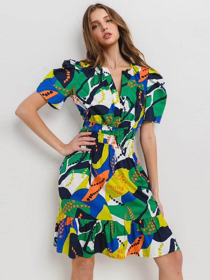 WOMEN'S SHORT SLEEVE ELASTIC WAIST V-NECK POCKETS MULTI PRINT MINI DRESS