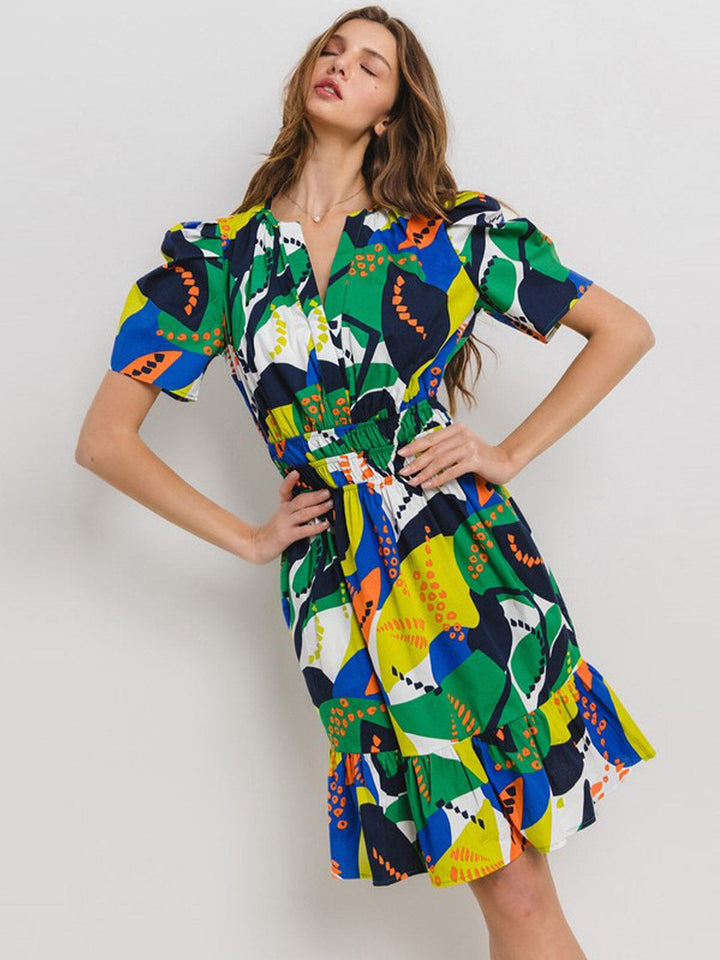 WOMEN'S SHORT SLEEVE ELASTIC WAIST V-NECK POCKETS MULTI PRINT MINI DRESS