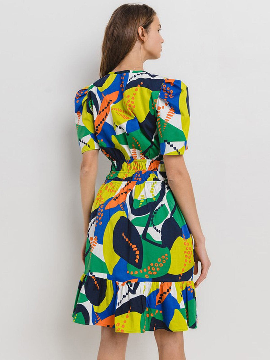 WOMEN'S SHORT SLEEVE ELASTIC WAIST V-NECK POCKETS MULTI PRINT MINI DRESS
