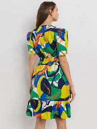 WOMEN'S SHORT SLEEVE ELASTIC WAIST V-NECK POCKETS MULTI PRINT MINI DRESS