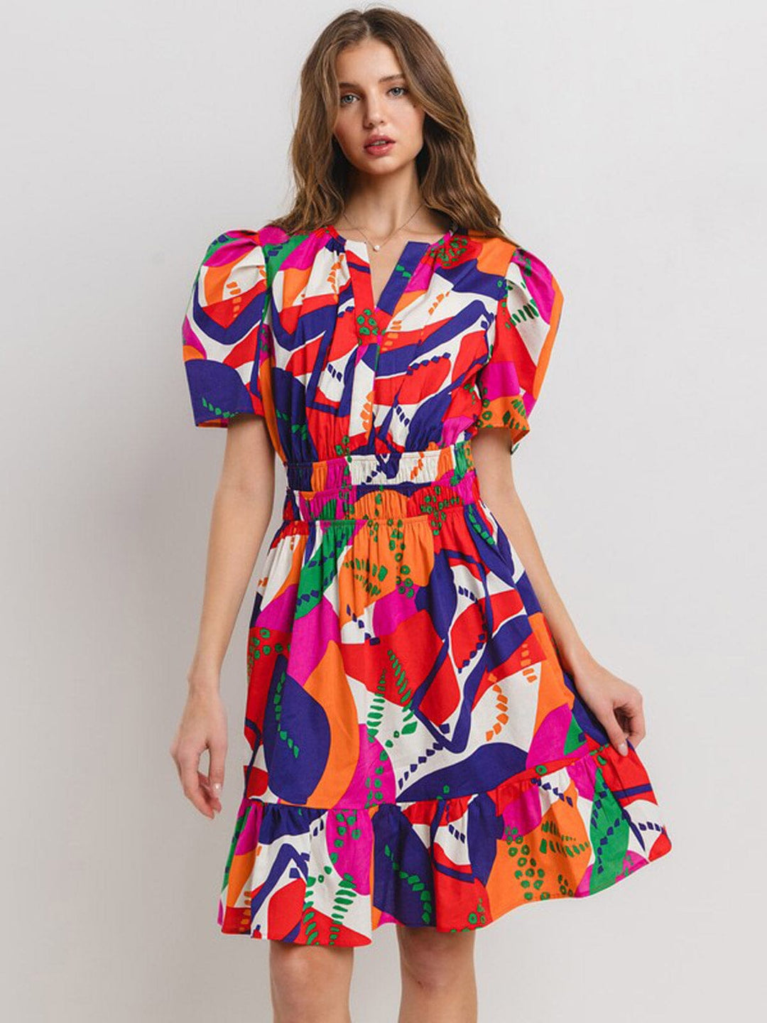 WOMEN'S SHORT SLEEVE ELASTIC WAIST V-NECK POCKETS MULTI PRINT MINI DRESS