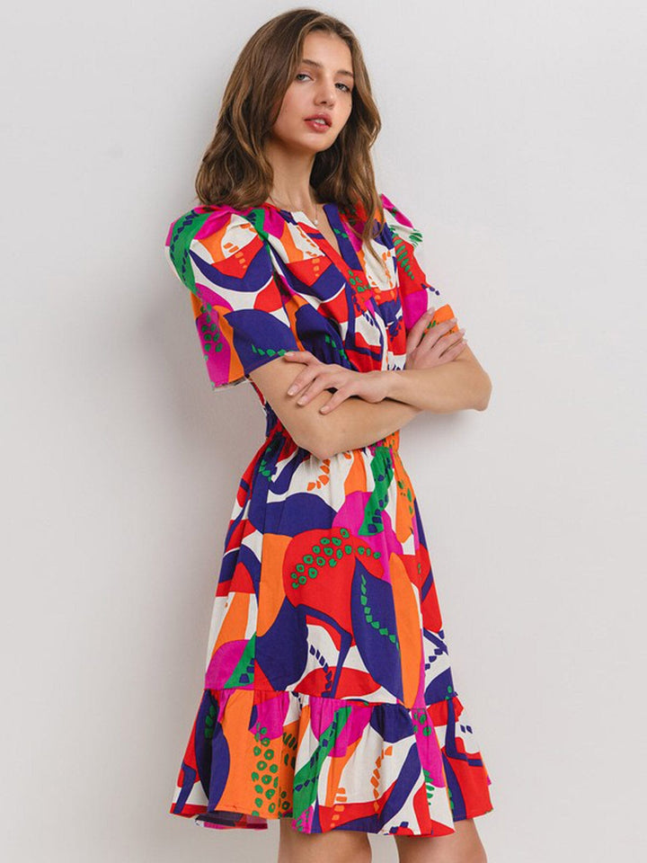 WOMEN'S SHORT SLEEVE ELASTIC WAIST V-NECK POCKETS MULTI PRINT MINI DRESS