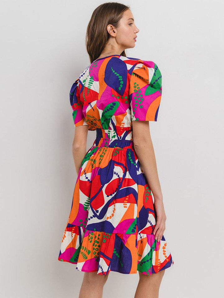WOMEN'S SHORT SLEEVE ELASTIC WAIST V-NECK POCKETS MULTI PRINT MINI DRESS