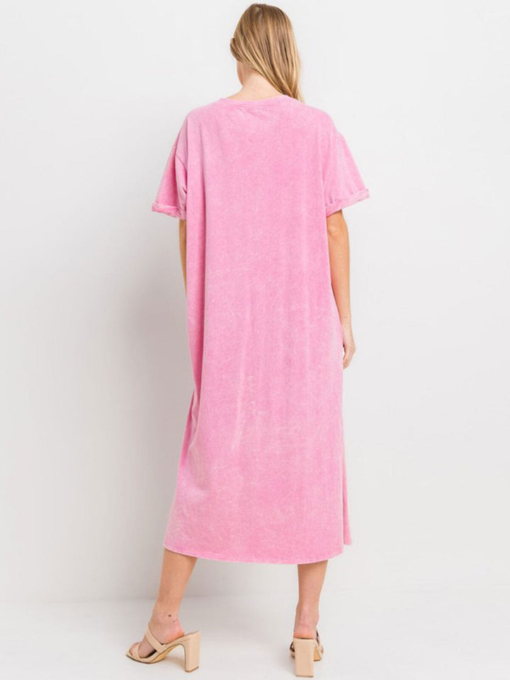 WOMEN'S SHORT SLEEVE FRONT POCKET WASHED LOOSE FIT MIDI DRESS