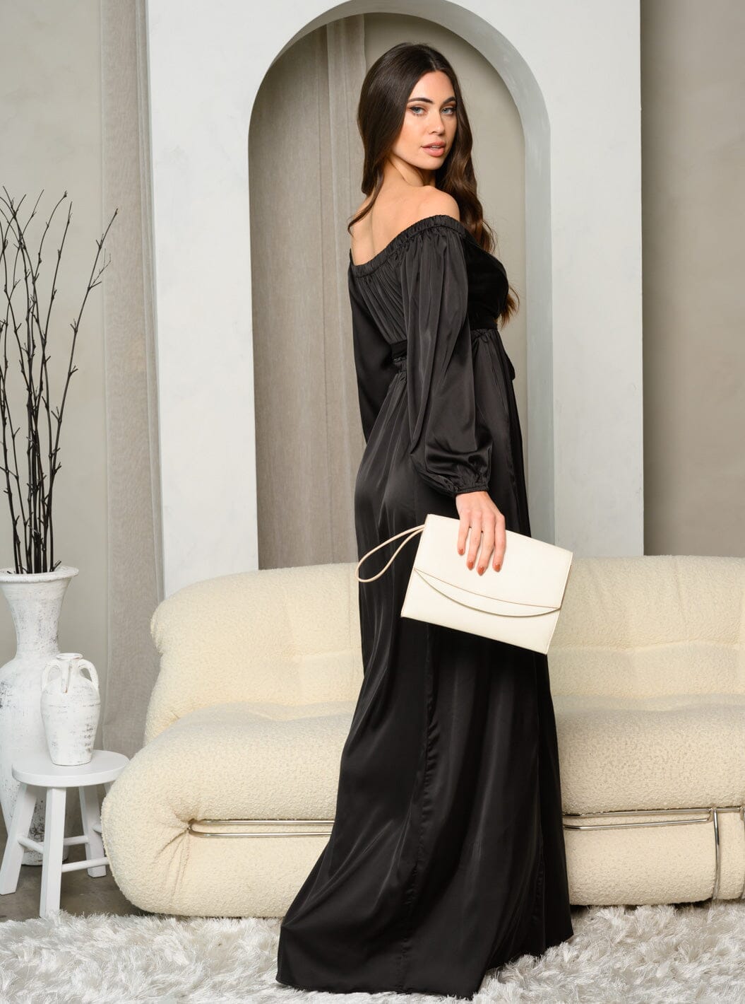 WOMEN'S LONG SLEEVE OFF SHOULDER SELF TIE SIDE SLIT MAXI DRESS