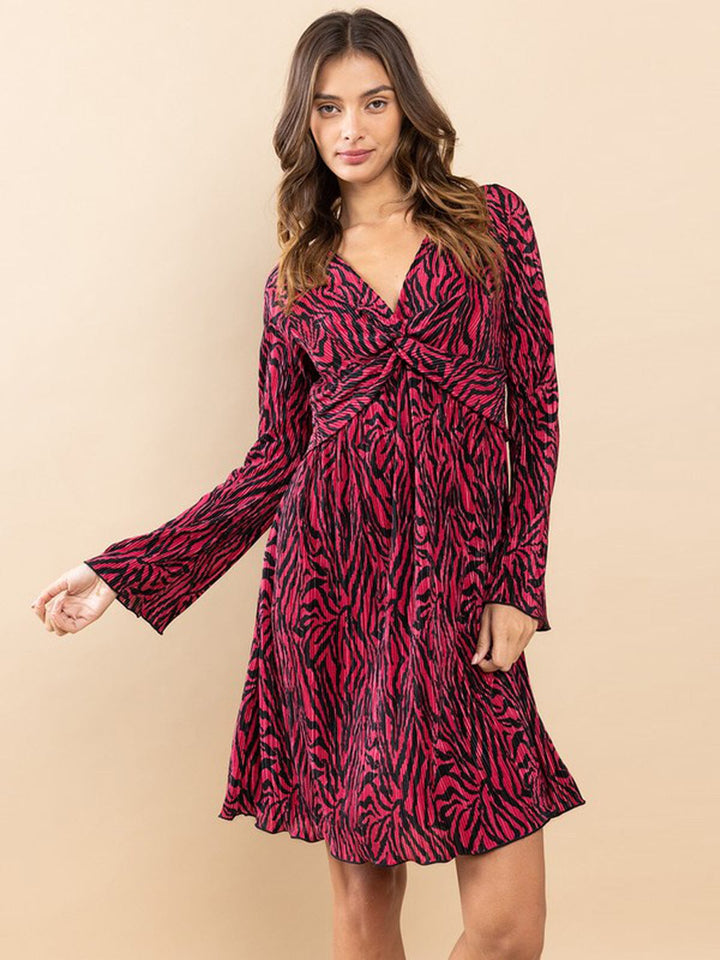 WOMEN'S LONG SLEEVE V-NECK SURPLICE PRINTED MINI DRESS
