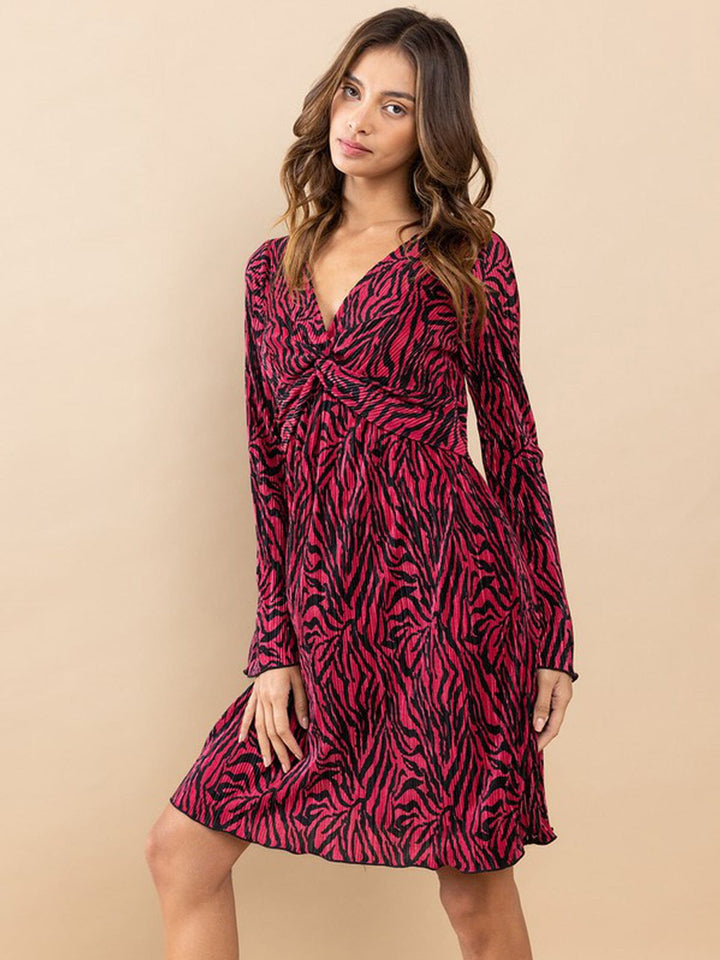 WOMEN'S LONG SLEEVE V-NECK SURPLICE PRINTED MINI DRESS