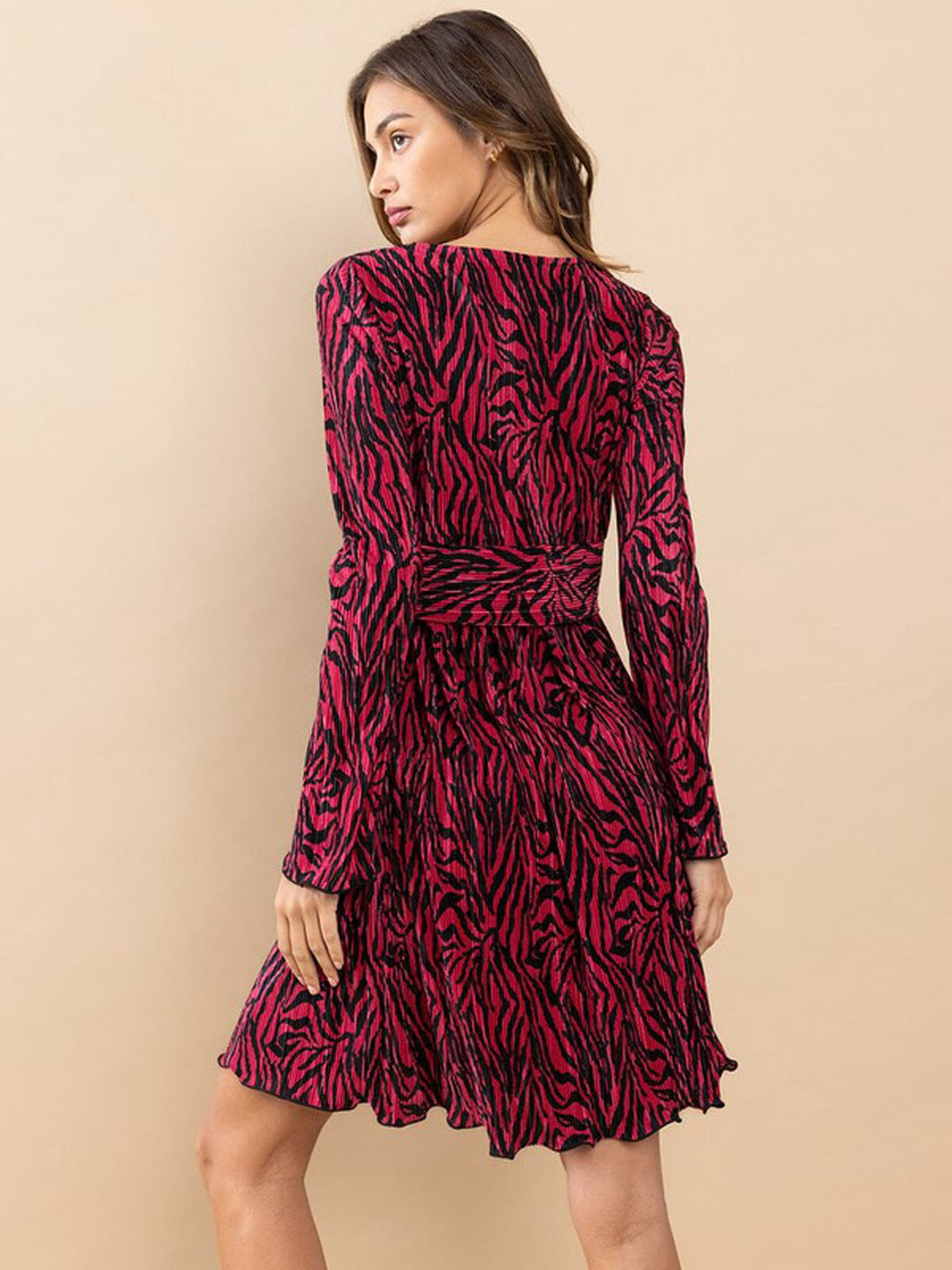 WOMEN'S LONG SLEEVE V-NECK SURPLICE PRINTED MINI DRESS